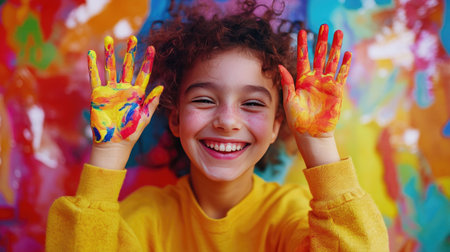 A cheerful child with painted hands and a vibrant smile stands against a colorful abstract background. This image captures the essence of joy, creativity, and playful innocence.の素材