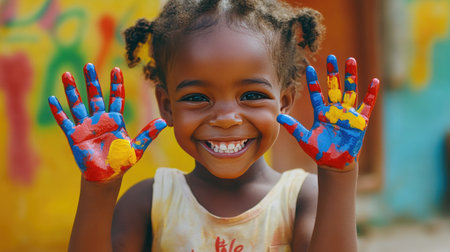A joyful girl with painted hands showcases her creativity and happiness against a vibrant playground backdrop. This image captures the essence of childhood joy and artistic expression.の素材