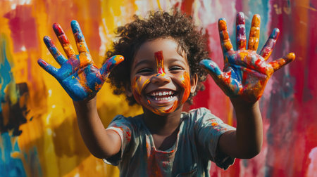 A joyful child shows off colorful painted hands, embodying happiness and creativity against a vibrant artistic background, celebrating childhood innocence.の素材