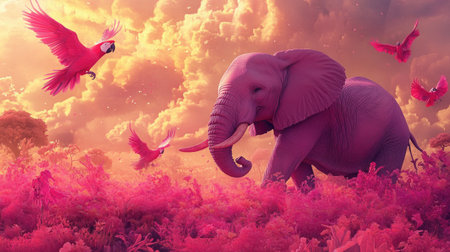 A captivating image featuring a pink elephant wandering through a vibrant, dreamlike landscape, with colorful birds soaring against a stunning sky, evoking a whimsical atmosphere.の素材