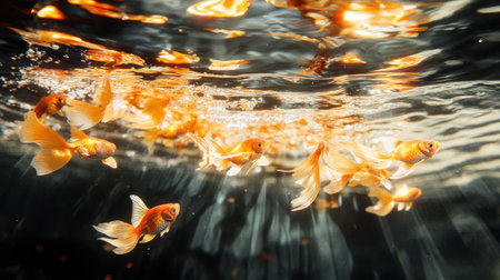 A captivating underwater scene featuring graceful goldfish swimming through clear water, illuminated by soft sunlight reflections that create a serene atmosphere.の素材