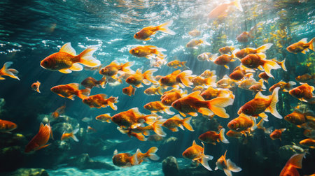 A stunning underwater view showcasing a school of goldfish gracefully swimming in clear blue water, with rays of sunlight creating a tranquil atmosphere.の素材