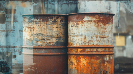 Two rusty metal barrels stand together in an industrial outdoor setting, showcasing a blend of weathered textures and vibrant colors, evoking a grunge aesthetic.の素材