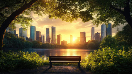 A breathtaking sunset illuminating a modern city skyline over a serene lake, framed by lush greenery and an empty park bench, inviting relaxation.の素材