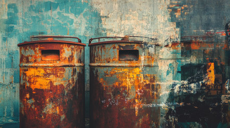 This image features two rusty metal trash cans positioned against a vibrant, distressed urban wall filled with peeling paint and textures.の素材