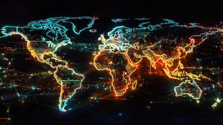 A vibrant digital world map featuring colorful network lines and dots that symbolize global connectivity and data flow, showcasing technology and innovation.の素材