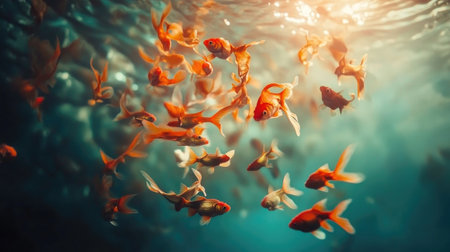 This stunning underwater photograph captures a school of vibrant goldfish gracefully swimming in crystal clear water, showcasing the beauty of aquatic life.の素材