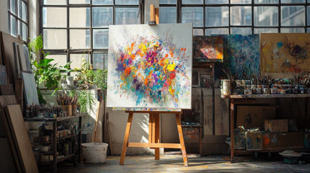 A bright abstract painting displayed on an easel in a creative studio, surrounded by colorful brushes and bathed in natural light, inviting artistic inspiration.の素材