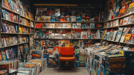 A charming vintage comic book store filled with an extensive collection of comic books, magazines, and graphic novels, providing a cozy atmosphere for readers.の素材