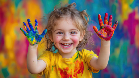 A joyful child displays hands covered in bright paint, showcasing creativity and fun against a colorful background, capturing the essence of playful exploration.の素材