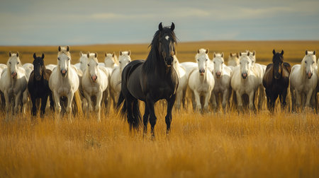 A stunning image showcasing a striking black horse confidently standing out among a herd of graceful white horses, set against a golden meadow.の素材