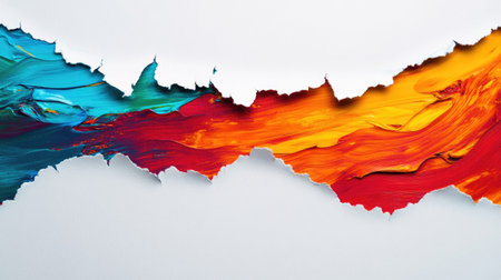 This stunning abstract artwork showcases vibrant colors and a unique torn-edge effect. Blue, red, orange, and yellow paint swirls create dynamic motion, perfect for creative projects.の素材