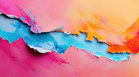 A visually striking abstract background featuring vibrant pink, orange, and blue colors with textured layers, perfect for creative design projects and artistic inspiration.の素材