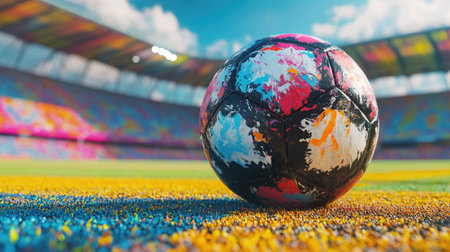A vibrant soccer ball rests on a colorful grass field under a bright sky, showcasing the excitement and energy of outdoor sports in a modern stadium.の素材