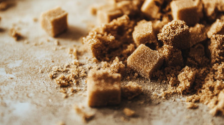 This close-up image showcases raw sugar cubes and granules scattered on a wooden surface, perfect for culinary projects and food photography.の素材