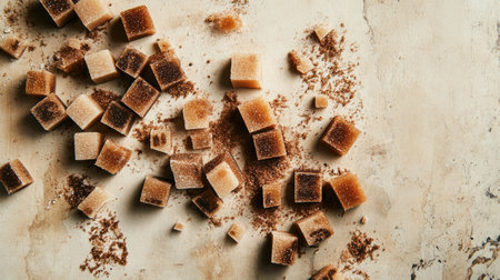 A captivating arrangement of brown sugar cubes scattered across a rustic surface, ideal for creating an inviting culinary atmosphere and enhancing food presentations.の素材