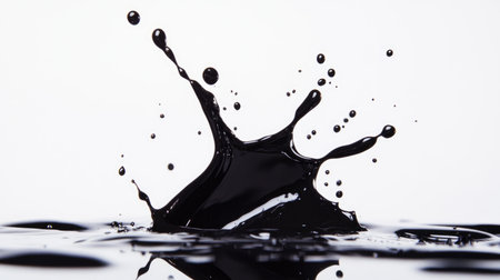 Captivating image of a black paint splash on a white background, featuring fluid motion and droplets that create an artistic visual impression.の素材
