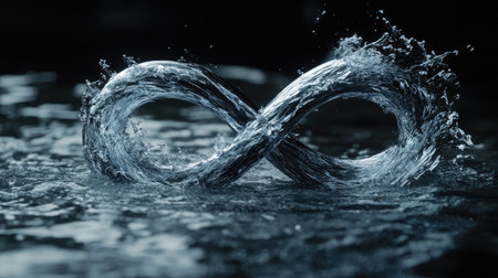 This captivating image features water flowing gracefully into the shape of an infinity symbol, symbolizing continuity. The dark backdrop enhances the fluid motion, creating a stunning visual effect perfect for artistic concepts.の素材