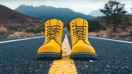 Bright yellow hiking boots stand prominently on a paved road, flanked by majestic mountains. The dramatic sky enhances the adventurous spirit of the scene.の素材
