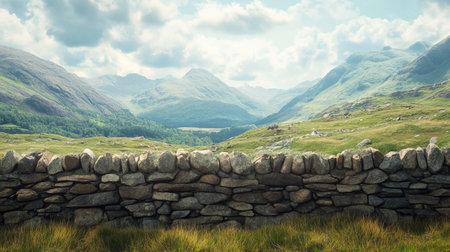 This stunning image showcases a picturesque countryside view framed by a stone wall, revealing majestic mountains and a vibrant green valley. The bright blue sky, dotted with fluffy clouds, enhances the tranquil beauty of the natural landscape, inviting outdoor exploration.の素材