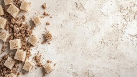 A visually appealing composition featuring scattered brown sugar cubes on a light marble surface. Ideal for culinary and food-related projects, this image captures the essence of sweetness in a rustic, elegant style. Perfect for use in recipe books, blogs, and advertisements.の素材