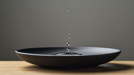 A captivating image showcasing water droplets gracefully falling into a sleek black plate. The composition emphasizes tranquility and elegance, perfect for various creative projects.の素材