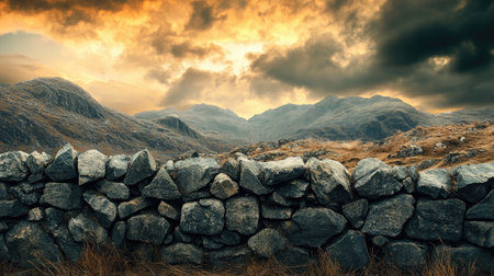 Captivating view of a rocky wall surrounded by lush landscapes, with dramatic skies and mountains in the backdrop, showcasing nature's beauty.の素材