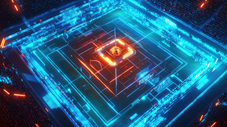 This stunning aerial view showcases a futuristic soccer stadium illuminated with vibrant neon lights and digital effects, creating an immersive atmosphere of excitement and energy.の素材