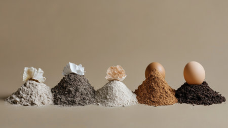 This artistic arrangement showcases a variety of natural ingredients, including flour, cocoa, and spices, paired with an egg. Perfect for culinary projects.の素材