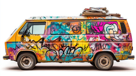 A vibrant vintage van adorned with captivating graffiti art, representing urban street culture and creative expression. Ideal for travel, adventure, and lifestyle themes.の素材