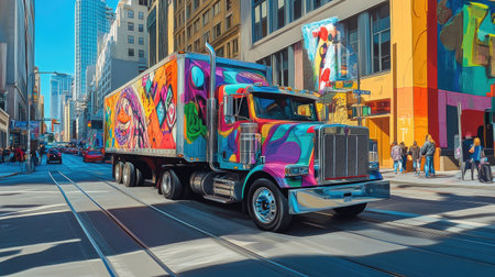 A vibrant truck featuring colorful graffiti art moves through a bustling urban street, showcasing a lively city atmosphere filled with pedestrians and striking buildings.の素材