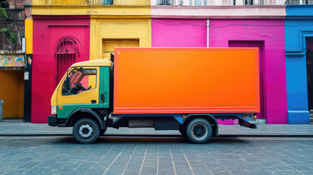 A vibrant orange delivery truck is parked beside a colorful mural on an urban street, showcasing a mix of bright colors and artistic expression in a city setting.の素材