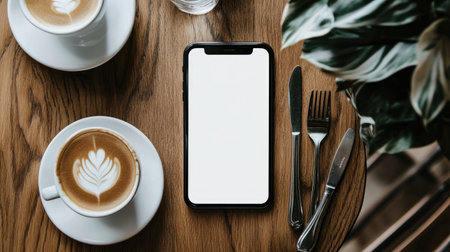 A serene flat lay of a smartphone with a blank screen placed next to a cup of latte art, cutlery, and a green plant, perfect for modern lifestyle themes.の素材