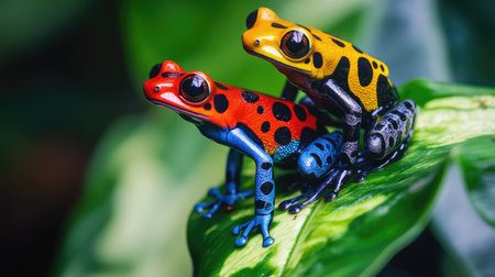Two vibrant poison dart frogs are displayed on a lush green leaf, showcasing their brilliant colors and patterns in a natural rainforest setting.の素材