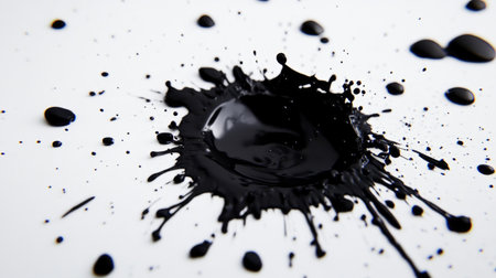 A striking black paint splash on a white background captures the essence of creativity and movement, ideal for artistic projects or design applications.の素材