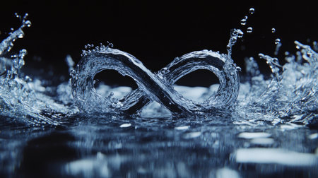 This captivating image showcases splashing water forming an infinity symbol against a dark backdrop, emphasizing fluid movement and beauty.の素材