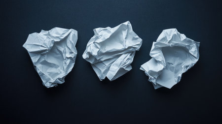 This image showcases three crumpled white paper balls arranged on a dark surface, highlighting their textures and shadows. Ideal for creative projects.の素材
