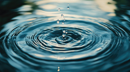 A mesmerizing close-up captures water droplets creating intricate ripples on a tranquil surface while reflecting the surrounding light.の素材