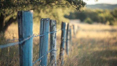 A charming rustic wooden fence with blue posts captures the essence of a serene countryside landscape bathed in warm sunlight, showcasing nature's beauty.の素材