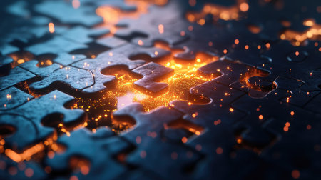 This captivating image showcases glowing puzzle pieces with sparkling light effects, creating a sense of mystery and intrigue against a dark backdrop.の素材