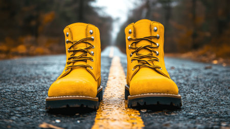 A striking pair of yellow hiking boots is centered on a peaceful autumn road, surrounded by blurred trees, perfect for outdoor enthusiasts and adventure lovers.の素材