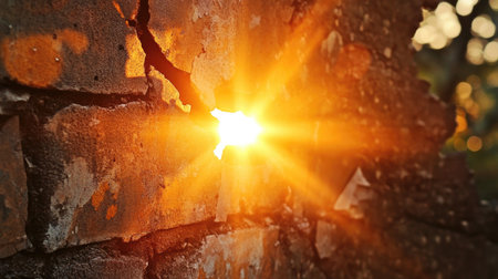 This image captures golden sunlight streaming through a crack in a weathered brick wall, highlighting textures and creating a stunning play of light.の素材