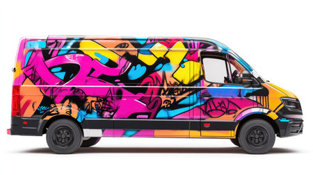 Vibrant and colorful graffiti art decorates a modern delivery van, showcasing urban creativity and artistic expression in a street style context.の素材