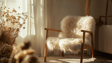 A cozy living room scene featuring a soft fur-covered chair, bathed in warm natural light, creating an inviting atmosphere perfect for relaxation and comfort.の素材