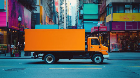 An eye-catching bright orange delivery truck captures attention as it stands still against a vibrant urban backdrop filled with colorful buildings.の素材