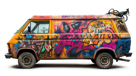 This image features a retro van covered in vibrant graffiti art, showcasing the creativity and cultural expression found in urban environments. The colorful patterns and designs highlight the artistic vibe of city life, making it an appealing visual for those interested in street art and urban photography.の素材