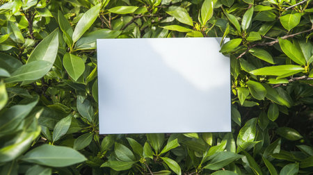 A blank white sheet of paper positioned among vibrant green leaves offers a perfect canvas for creative ideas, nature themes, or messaging concepts.の素材