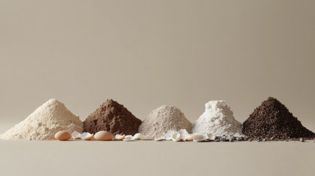 A visually appealing arrangement of various baking ingredients including flours, cocoa, and eggs, set against a neutral background, showcasing textures and colors.の素材