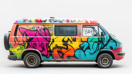 This image showcases a vintage van adorned with vibrant graffiti art, celebrating urban culture and creative expression through bold colors and artistic designs.の素材