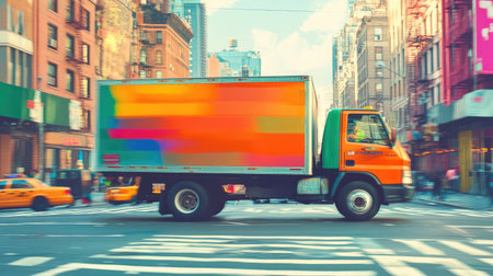 A vibrant moving truck traverses a bustling urban street, captured in motion blur to convey speed and energy in a lively city atmosphere.の素材